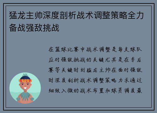 猛龙主帅深度剖析战术调整策略全力备战强敌挑战