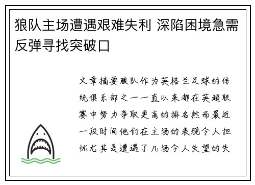 狼队主场遭遇艰难失利 深陷困境急需反弹寻找突破口