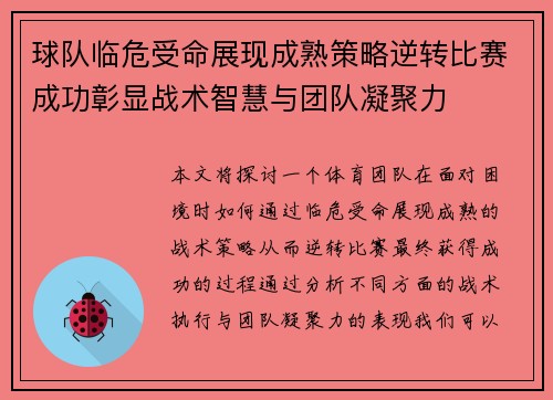 球队临危受命展现成熟策略逆转比赛成功彰显战术智慧与团队凝聚力