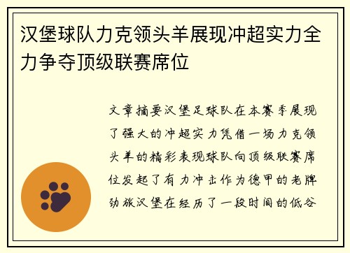 汉堡球队力克领头羊展现冲超实力全力争夺顶级联赛席位