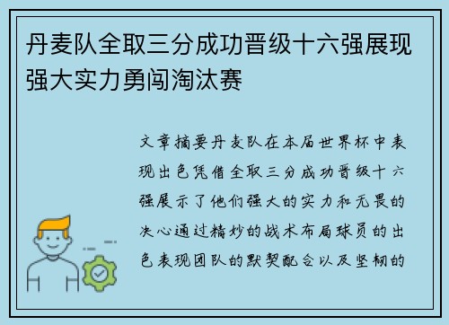 丹麦队全取三分成功晋级十六强展现强大实力勇闯淘汰赛