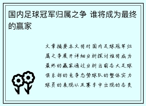 国内足球冠军归属之争 谁将成为最终的赢家