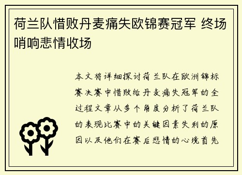 荷兰队惜败丹麦痛失欧锦赛冠军 终场哨响悲情收场