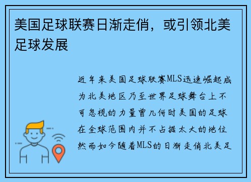 美国足球联赛日渐走俏，或引领北美足球发展