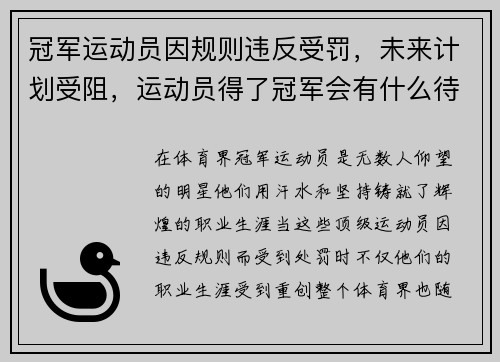 冠军运动员因规则违反受罚，未来计划受阻，运动员得了冠军会有什么待遇