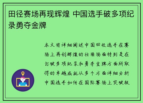 田径赛场再现辉煌 中国选手破多项纪录勇夺金牌