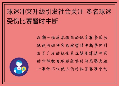 球迷冲突升级引发社会关注 多名球迷受伤比赛暂时中断